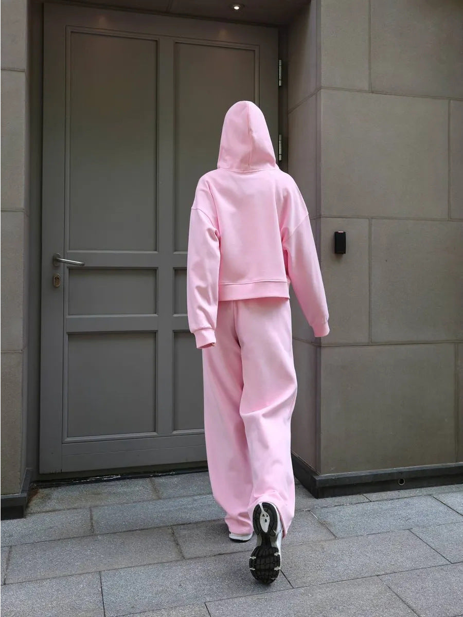 Zippered hooded sweatshirt and lace-up trousers two-piece set