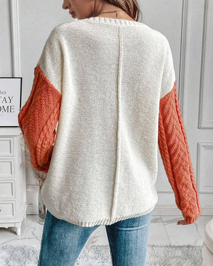 Cable Knit Color Stitching Chest Pocket Tops