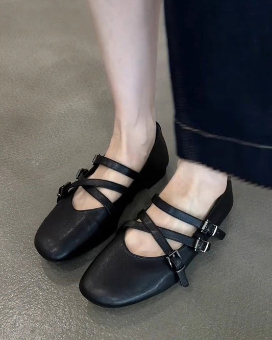 Sheepskin leather round toe cross strap flat Mary Jane shoes