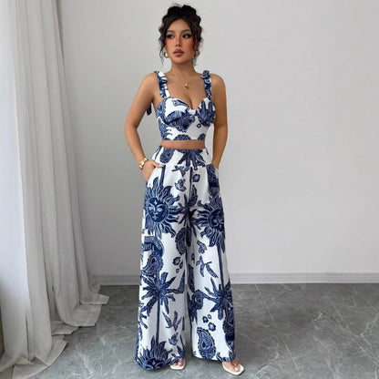 Blue and White Printed Crop Top with Wide-Leg Pants for Women - Noemi