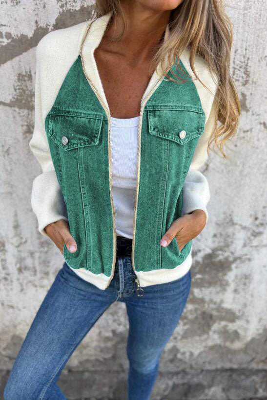 Denim knitted patchwork hooded jacket