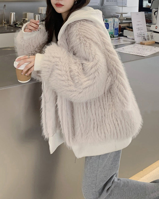 Hooded Loose Faux Fox Fur Jacket