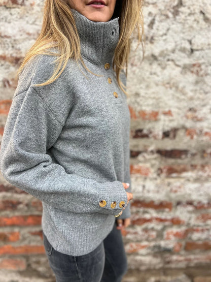 Stand collar solid color button loose sweater
