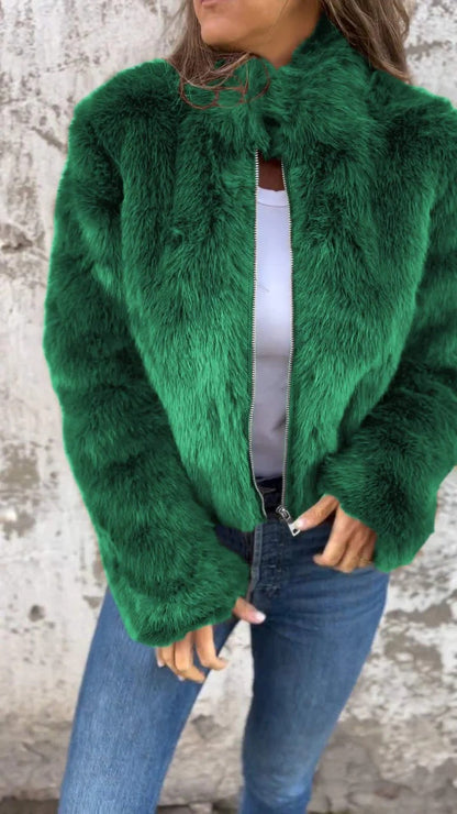 Faux Fur Turtleneck Zip-Up Blazer