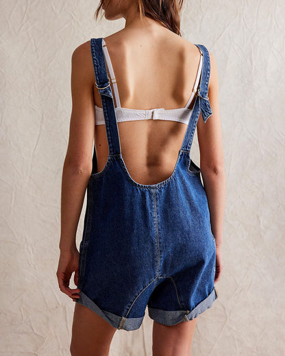 Washed distressed vest denim rompers