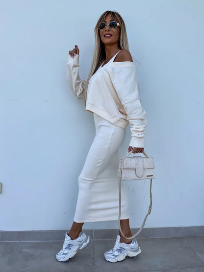 Solid Color V-Neck Long Sleeve Sweatshirt Suspender Slim Maxi Dress Two Piece Set