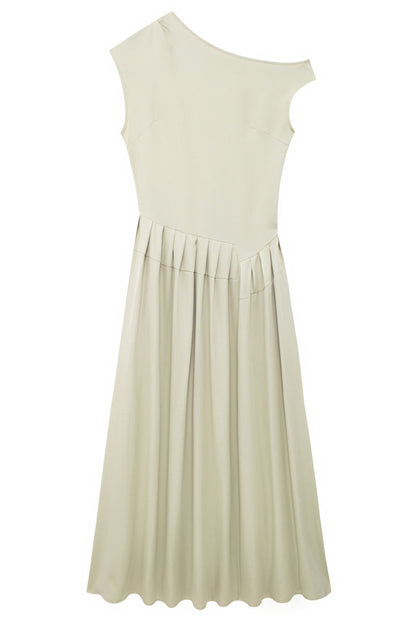 Temperament solid color long one-shoulder pleated dress