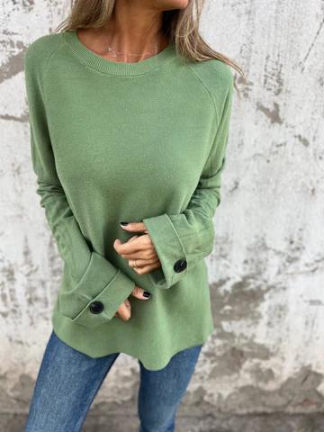 Loose solid color long-sleeved button cuffs top