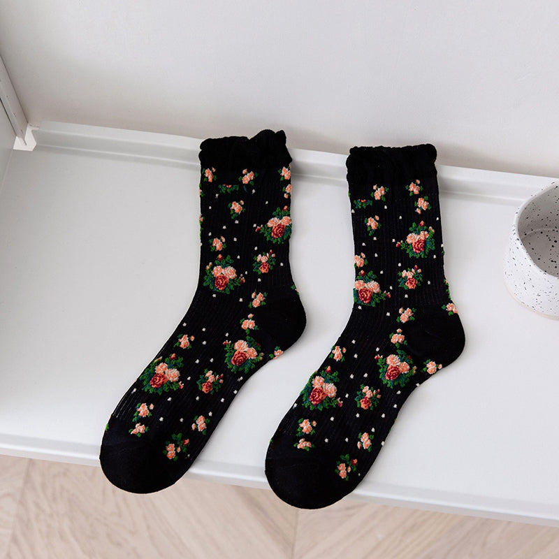 Retro Blumensocken Schwarz