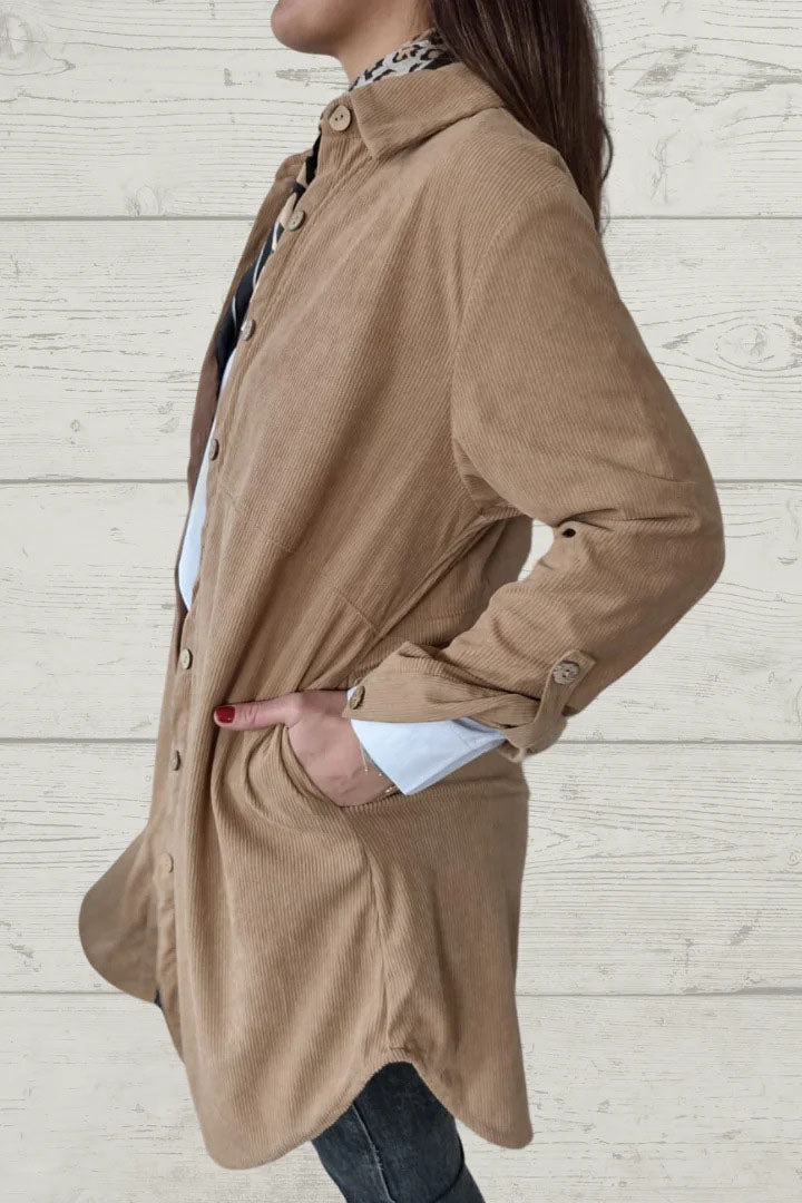 Corduroy solid color lapel pocket mid-length coat