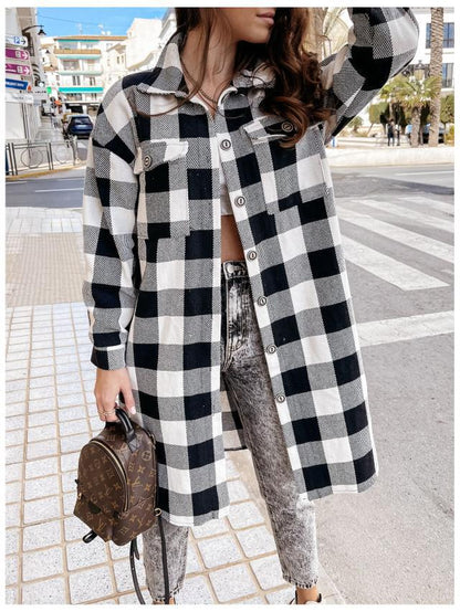 Long lapel single-breasted plaid shirt jacket