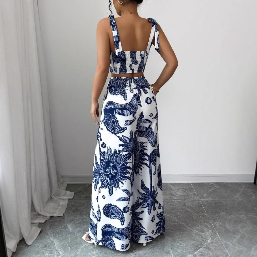Blue and White Printed Crop Top with Wide-Leg Pants for Women - Noemi