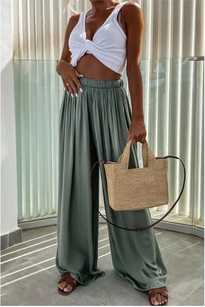 Elastic waistband high waist pleated wide leg pants