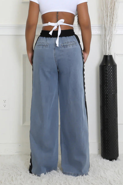 High-waisted Braided belt splicing sides wide leg jeans