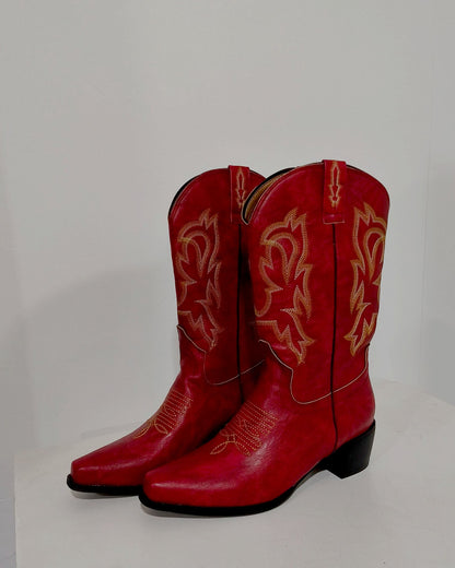 Pointed toe embroidery mid-heel western boots