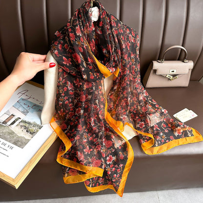 Silk Floral Print Chiffon Scarf for Women - Rosaria