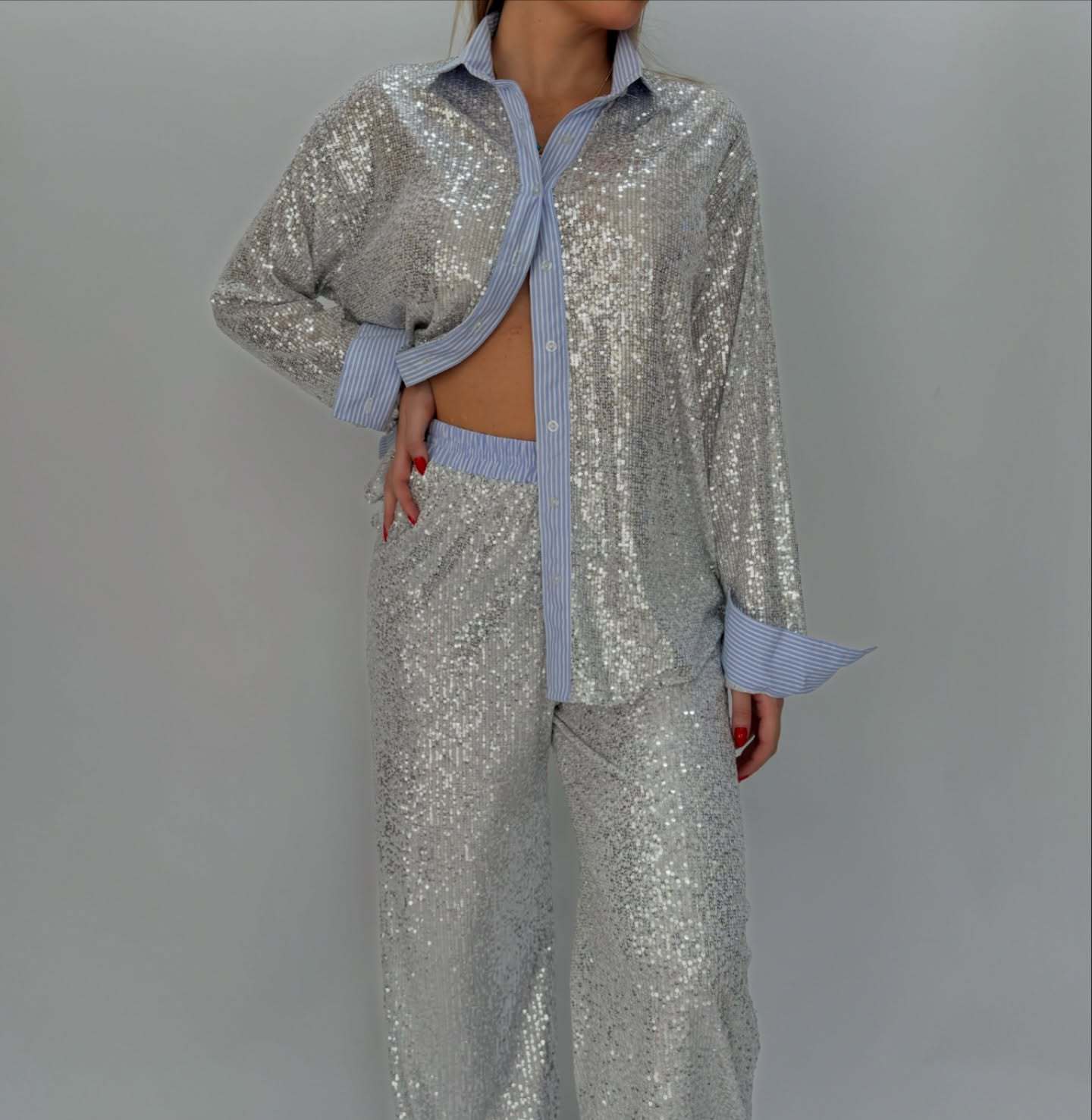 Loose casual sequined suit jacket and wide-leg pants two-piece suit