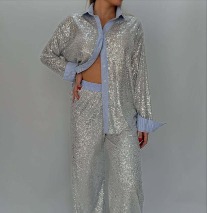 Loose casual sequined suit jacket and wide-leg pants two-piece suit