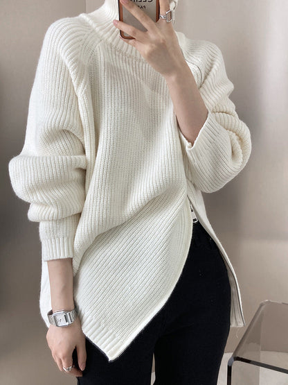 Turtleneck side zip solid color knit sweater