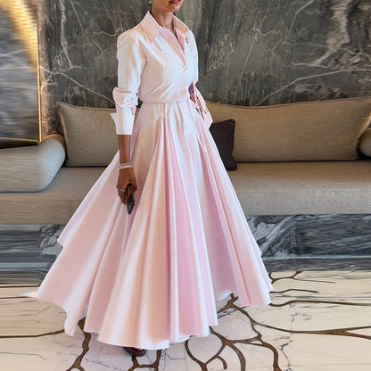 Light pink blouse and long skirt two-piece suit
