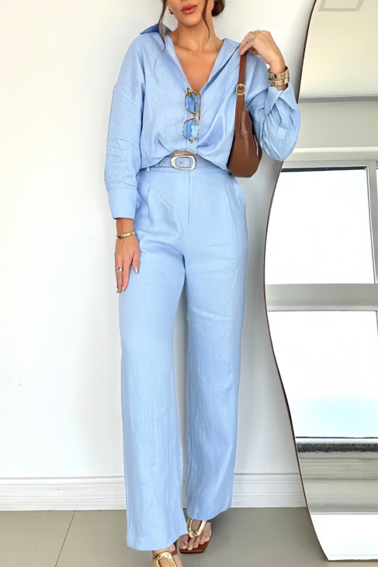 Cotton and linen loose long-sleeved shirt and suit pants two-piece suit