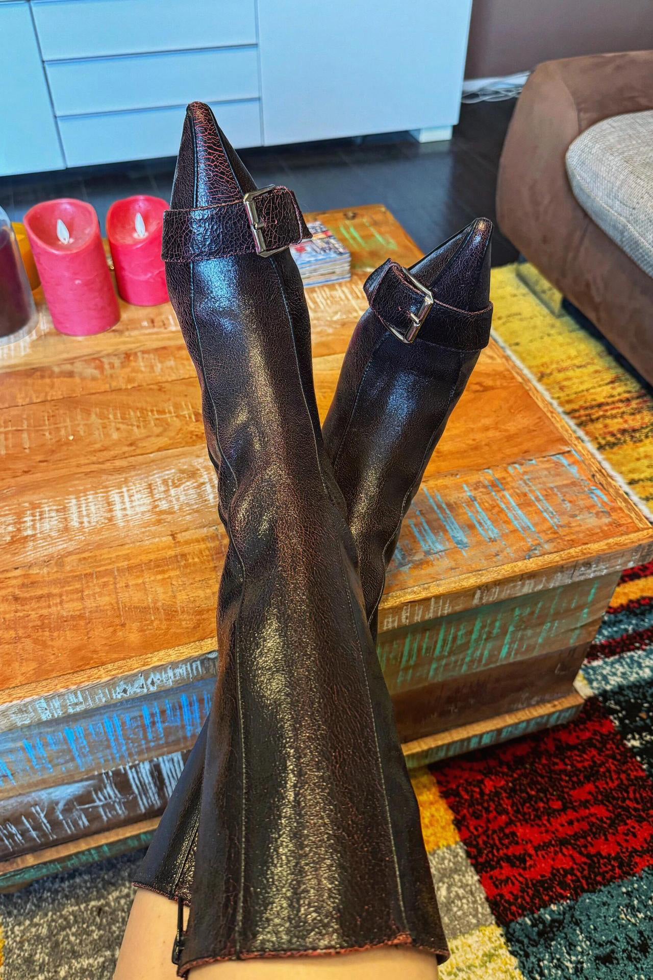 Genuine leather vintage belt buckle Chunky heel pointed toe side zipper boots