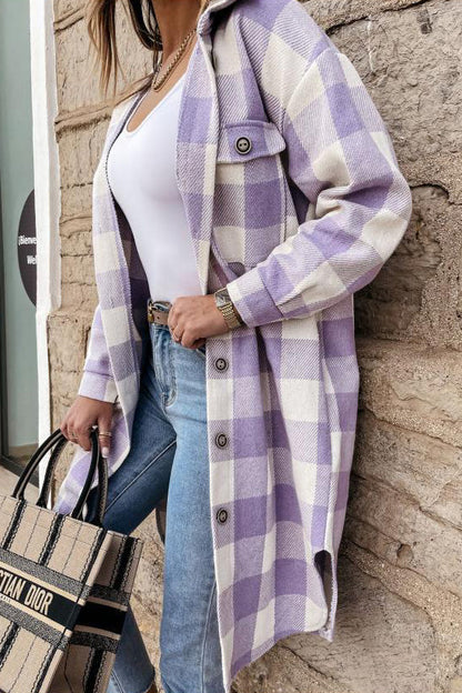 Long lapel single-breasted plaid shirt jacket