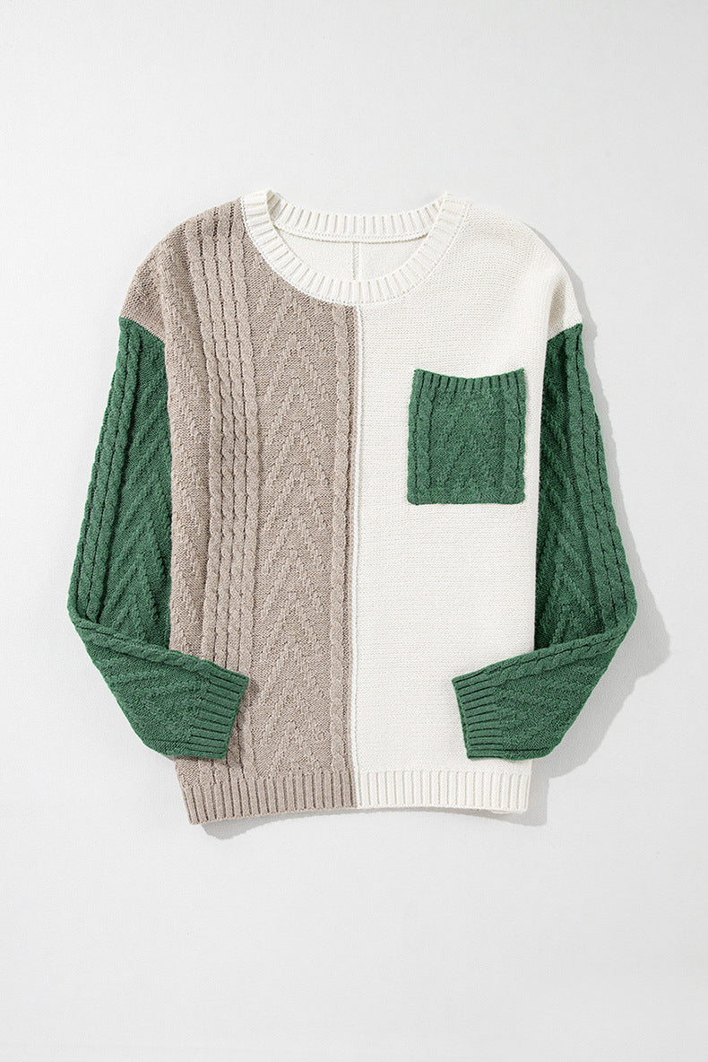 Cable Knit Color Stitching Chest Pocket Tops