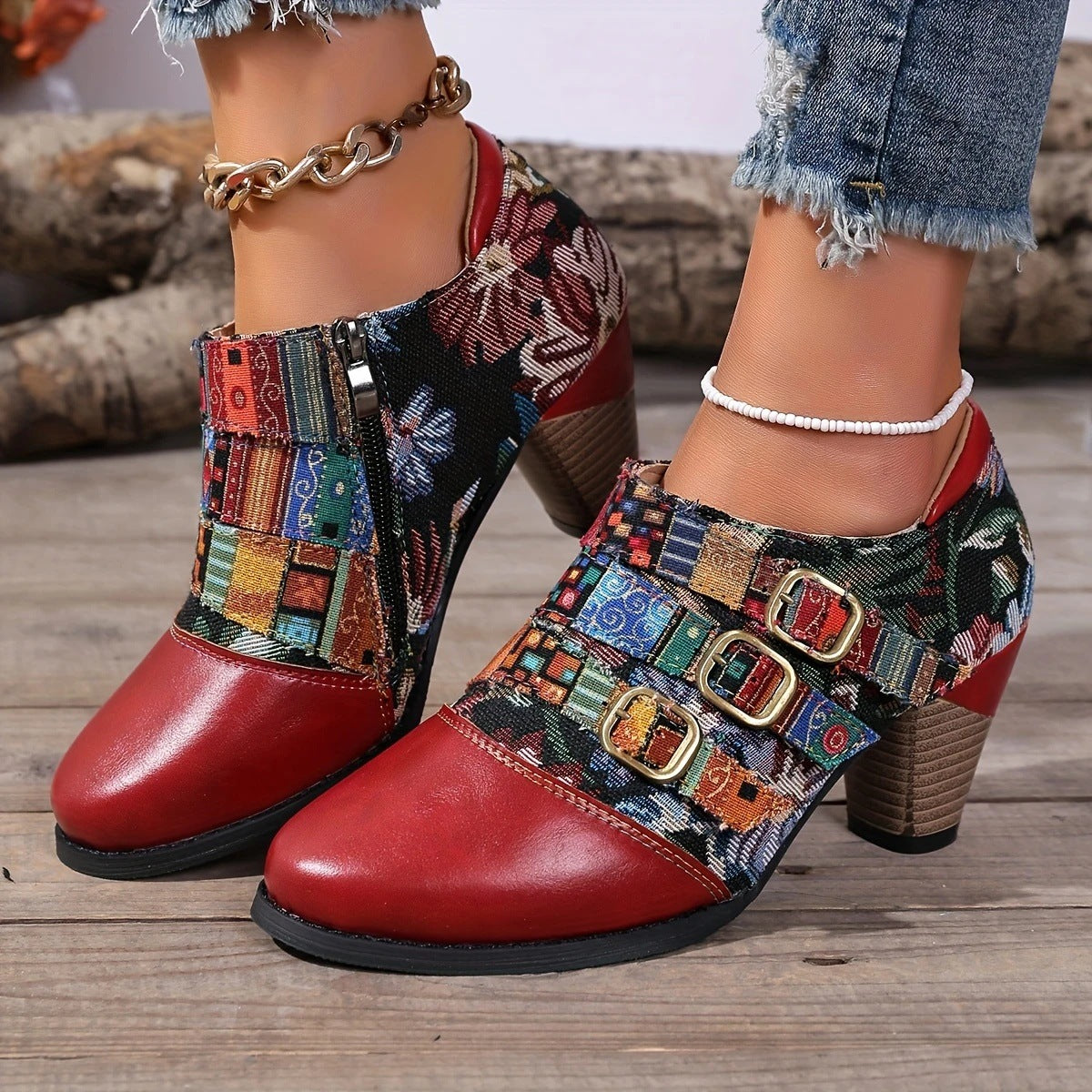 Retro ethnic thick high heels ankle Martin boots