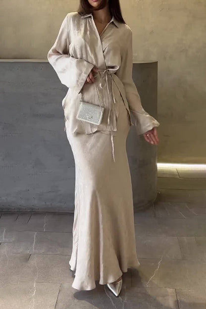 Drape Tie Shirt Top and Skirt Two-Piece Set