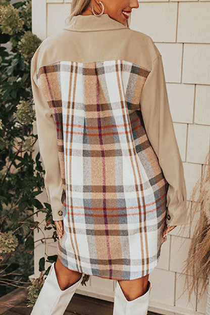 Single-breasted plaid patchwork shirt dress