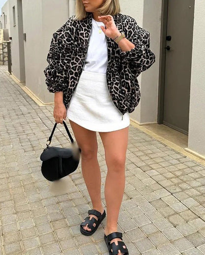 Leopard print cropped loose zip-up jacket