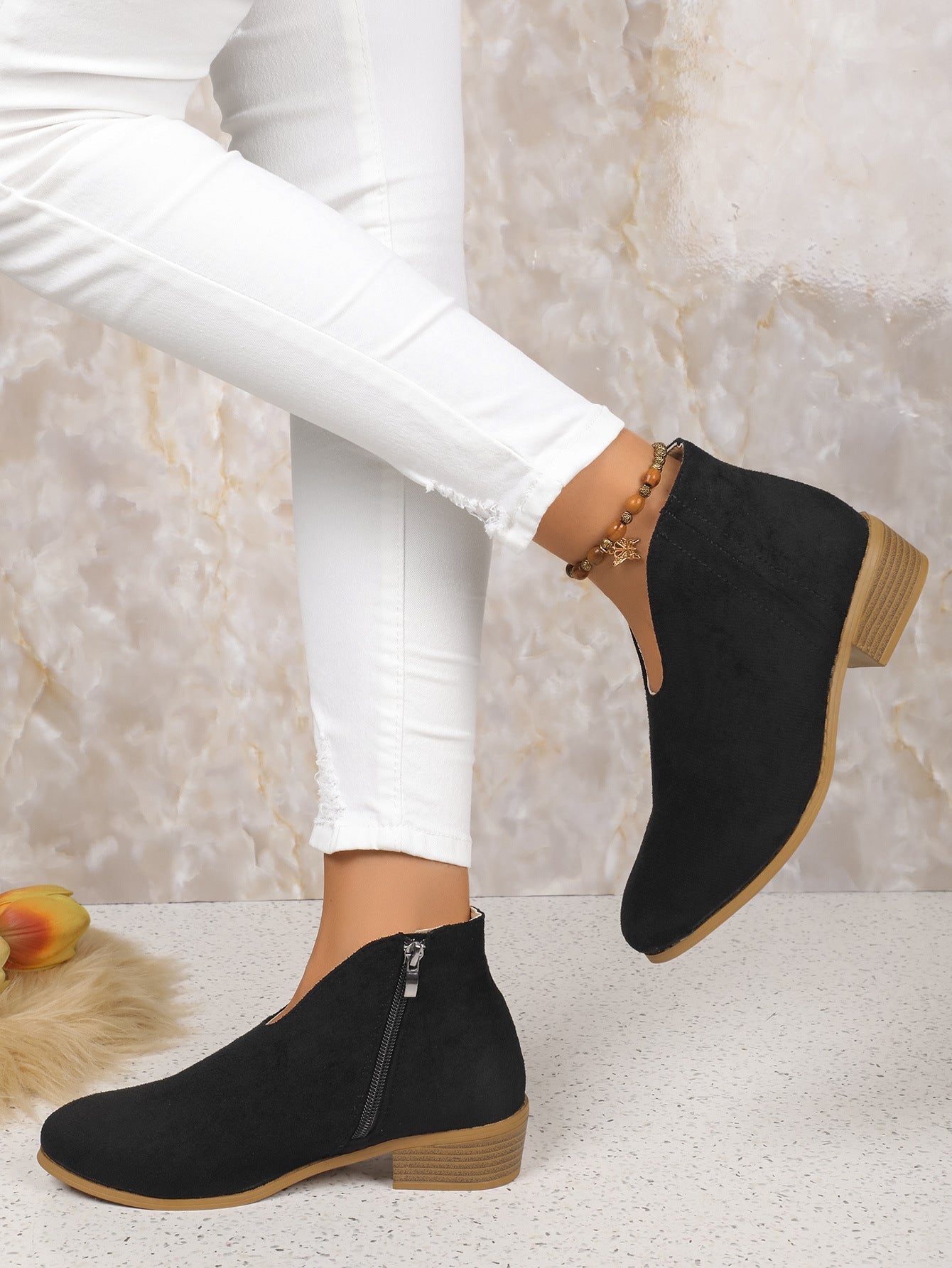 Side zipper round toe suede square heel ankle boots