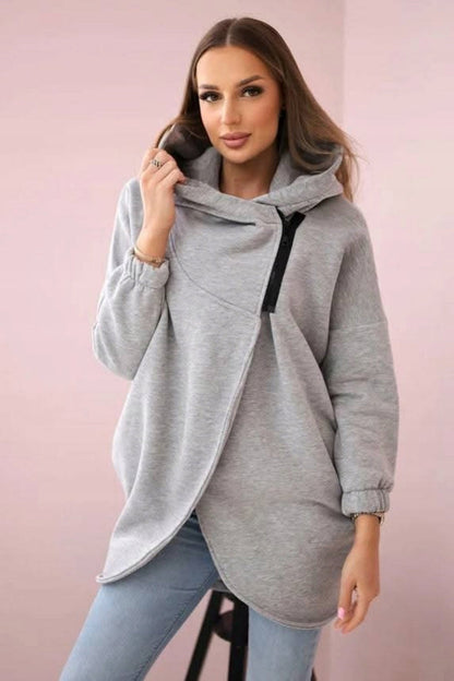 Chic Asymmetric zip-up hooded fleece sweatshirt jacket