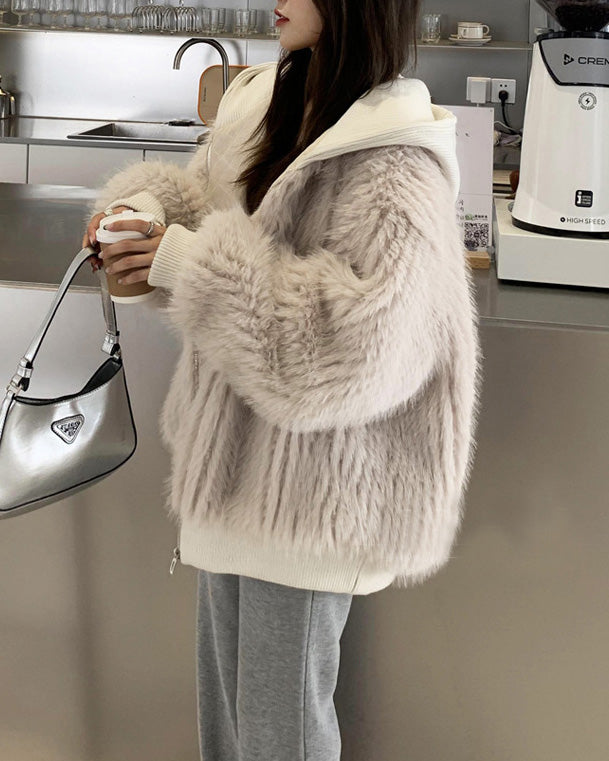 Hooded Loose Faux Fox Fur Jacket