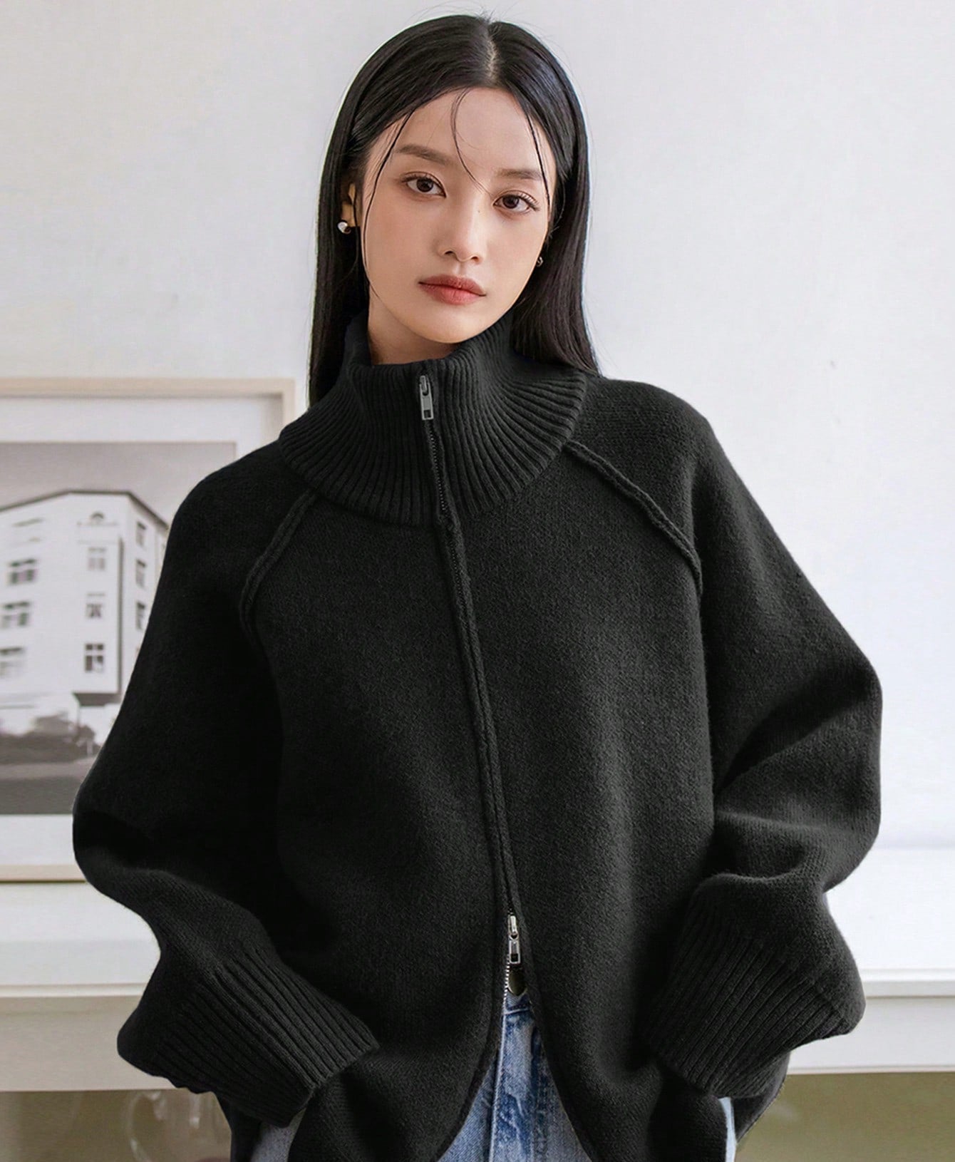 Cozy solid color stand collar zipper knitted cardigan top