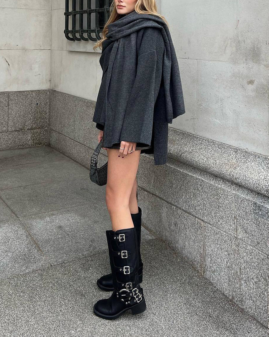 Parisian Boulevard Asymmetric scarf cropped knitted jacket