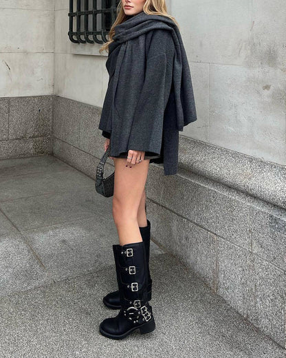 Parisian Boulevard Asymmetric scarf cropped knitted jacket