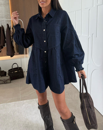Button-Down Lantern Sleeve Denim Shirt Dress