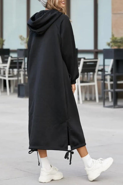 Large pockets tie-down hem hooded long sweatshirt dress