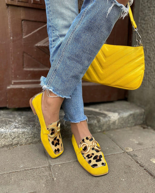 Yellow leopard stitching low heel square toe shoes