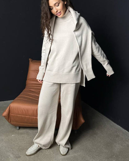 Solid color turtleneck knitted sweater and wide-leg trousers two-piece suit
