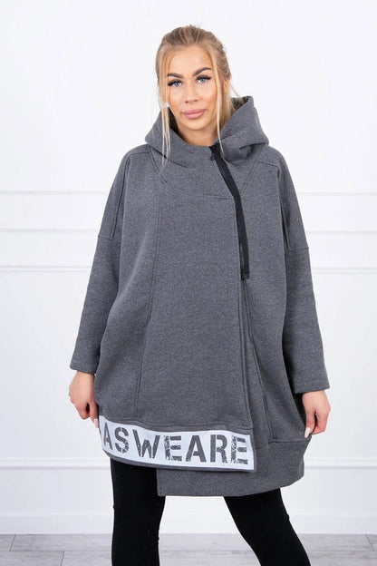 Diagonal zipper Printed logo Loose mid-length hooded fleece jacket
