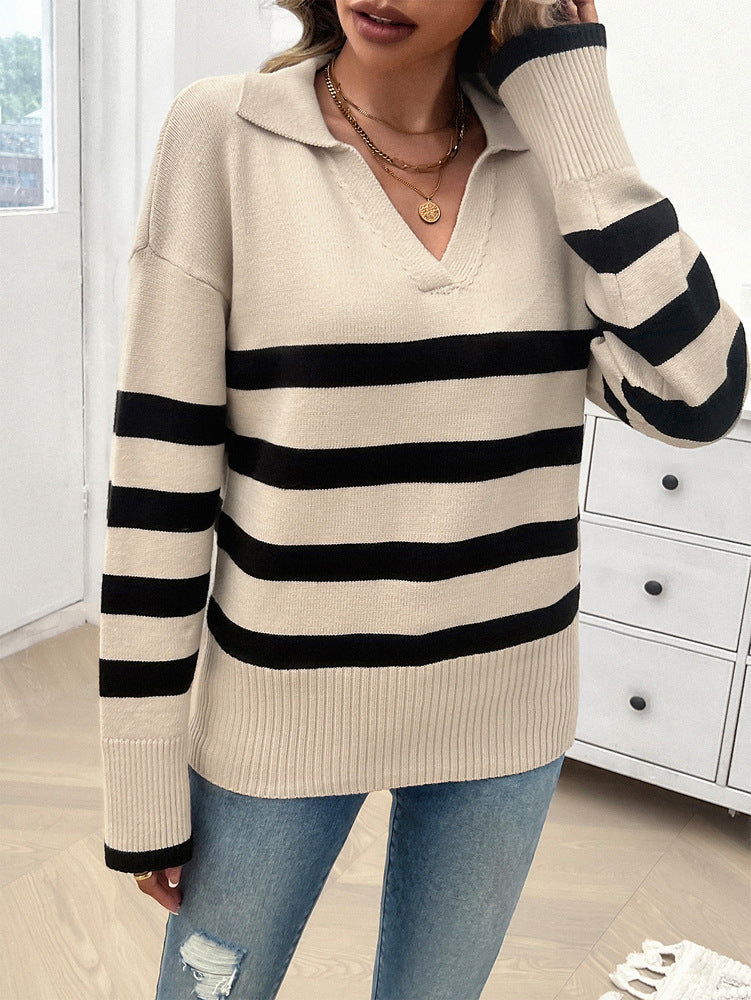 Loose-fitting striped lapel knitted sweater