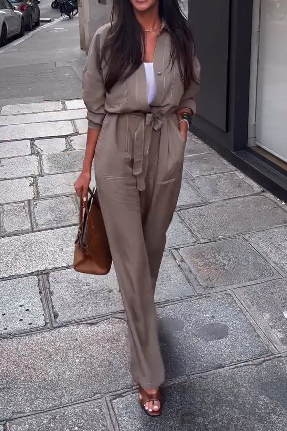 Topstitched lapel button-down workwear jumpsuit