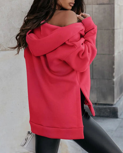 Side slit loose short hooded sweatshirt