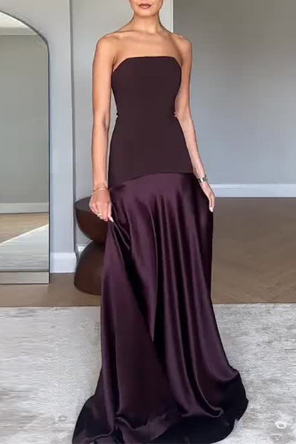 Solid color strapless satin hem stitching long dress
