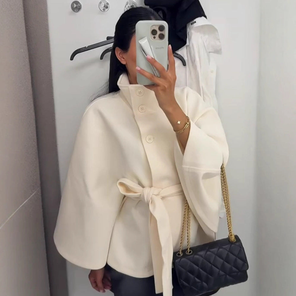 Belted High Neck Cape Coat for Women - Ines