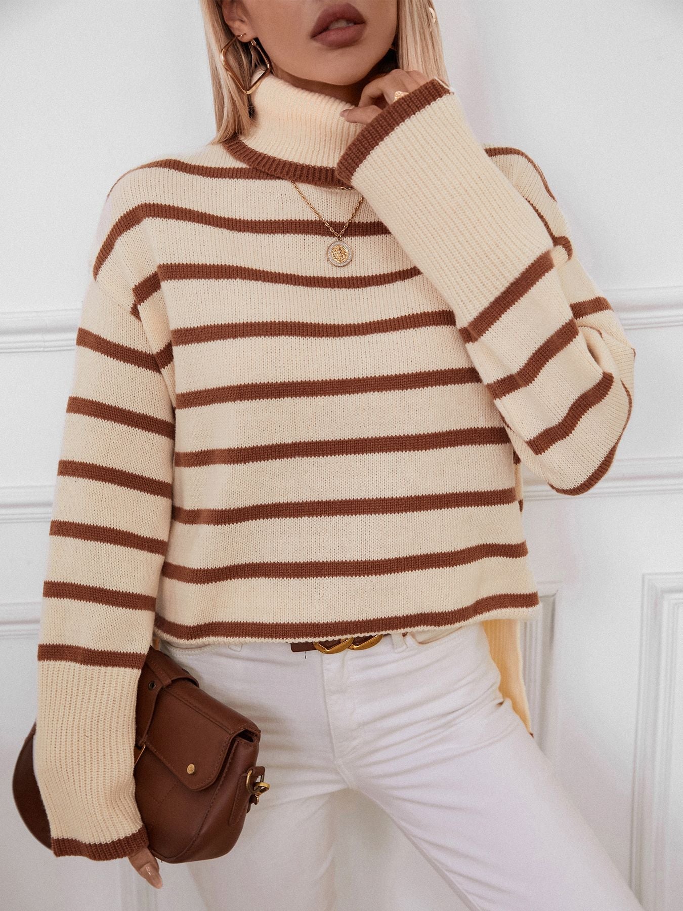 Loose Fitted Turtleneck Striped Knit Sweater