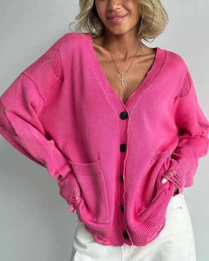 Cozy distressed deep V-neck single-breasted loose wool cardigan